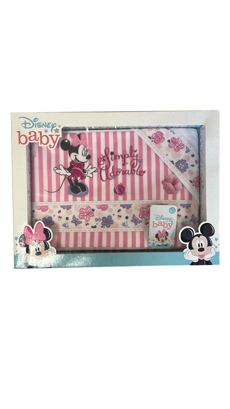 Completo 3pz lettino culla bimba neonato lenzuolo stampa Minnie Disney baby bianco fucsia TU-image